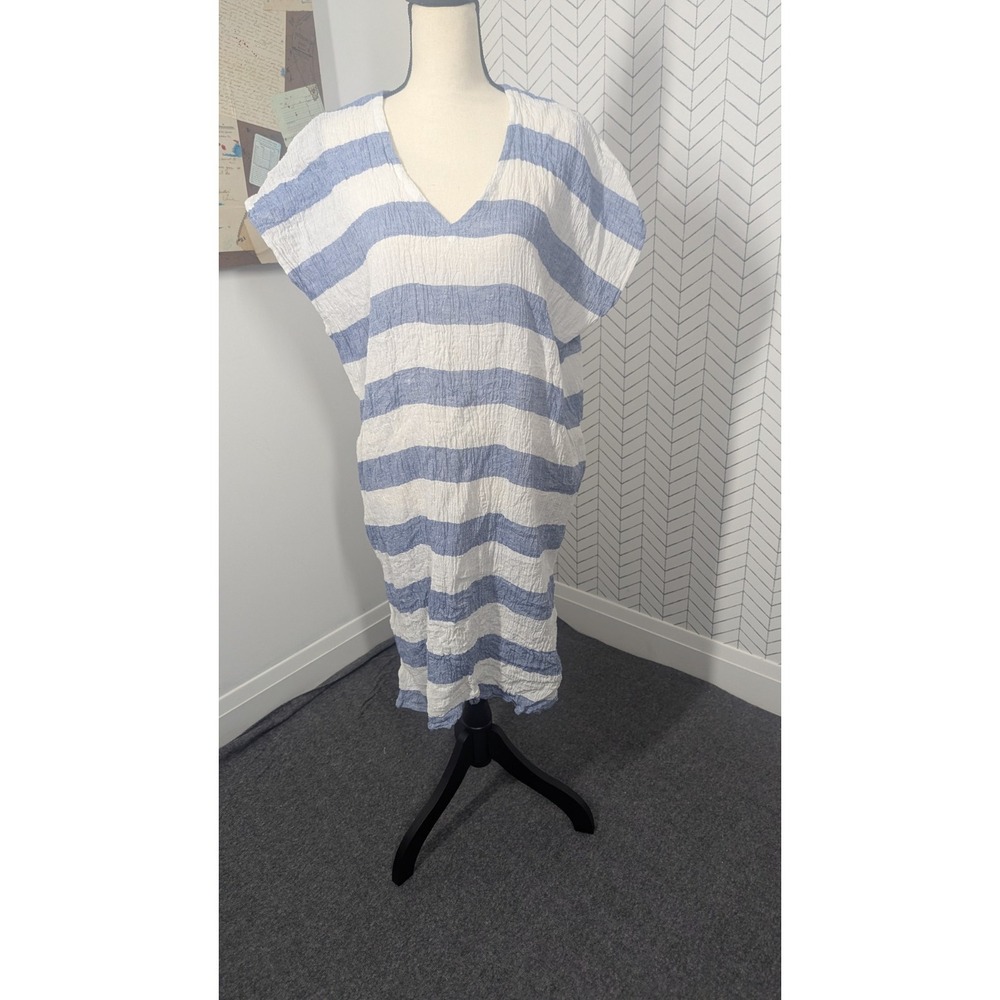 Eileen Fisher Caftan Womens Large XL Blue White Striped Cover Coastal Resort